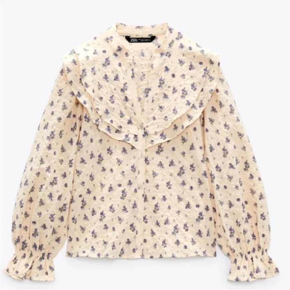 Zara Floral Textured Long Sleeve Top Bib Collar Blouse
